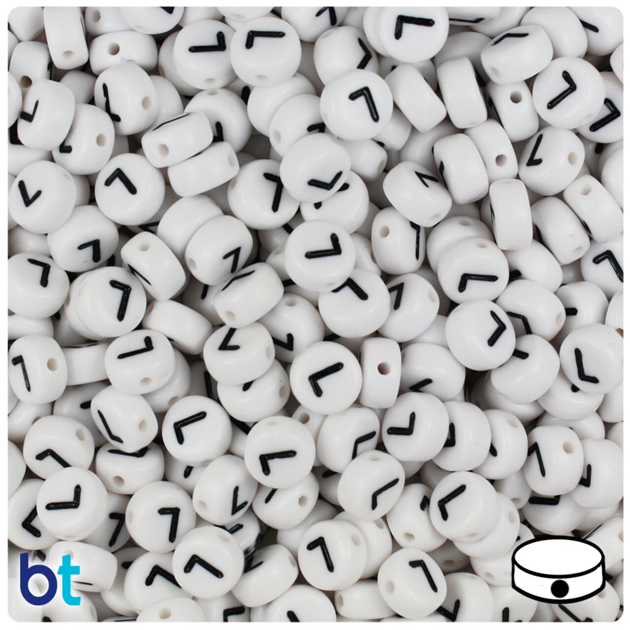 BeadTin White Opaque 7mm Coin Plastic Alpha Beads - Black Letter L (100pcs)